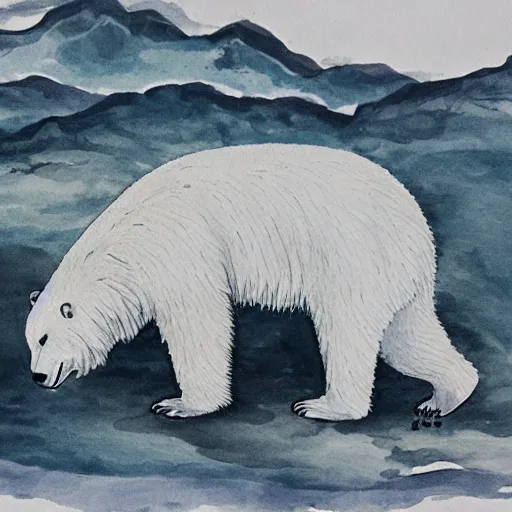 Prompt: a ink painting of a white polar bear by wu daozi, qiu ying,