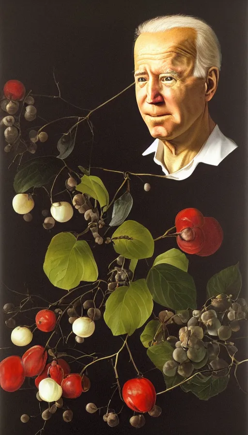 Image similar to hyperrealistic still life painting of Joe Biden by Caravaggio, botanical print