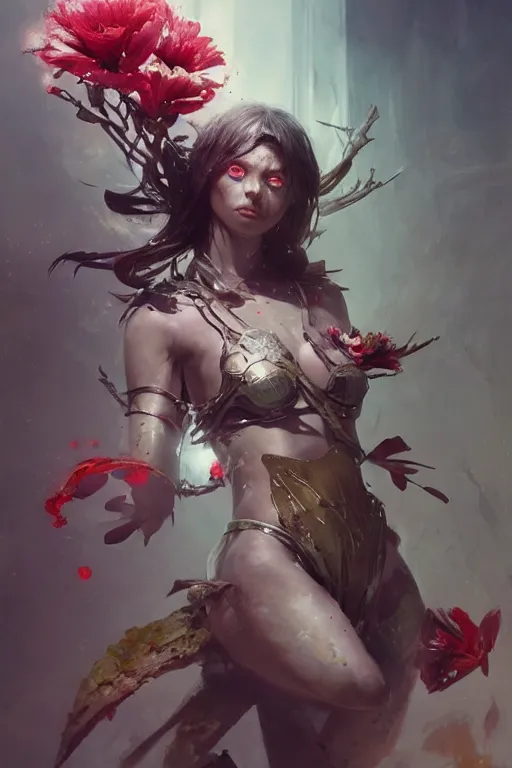 Image similar to abstract beautiful girl predator covered with blood, 3 d render, hyper realistic detailed portrait, holding magic flowers, ruan jia, wlop. scifi, fantasy, hyper detailed, octane render, concept art, by peter mohrbacher, by wlop, by ruan jia