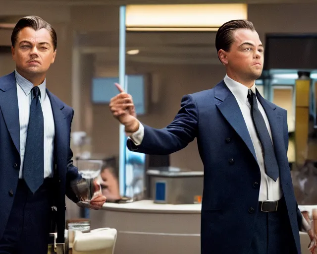 Image similar to leonardo dicaprio as the wolf of wall street, cinamtic, long shot, hyper detailed, 8 5 mm photograph, 8 k resolution, film still, sharp lens, wide lens