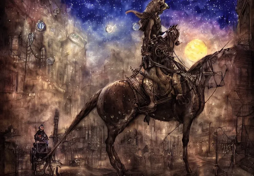 Image similar to possum riding a horse through a steampunk city at night under a dark starred sky, dark fantasy, digital art, watercolor, high detail, dreaming illusion