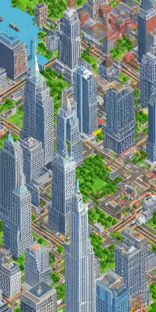 Prompt: New York in SimCity3000 style. Simcity 2000. isometric. retro. pixelart. maxis. Statue of liberty. Flatiron building. United nations Headquarters. Chrysler building. Times Square. Central Park. Rockefeller Plaza. Empire State.