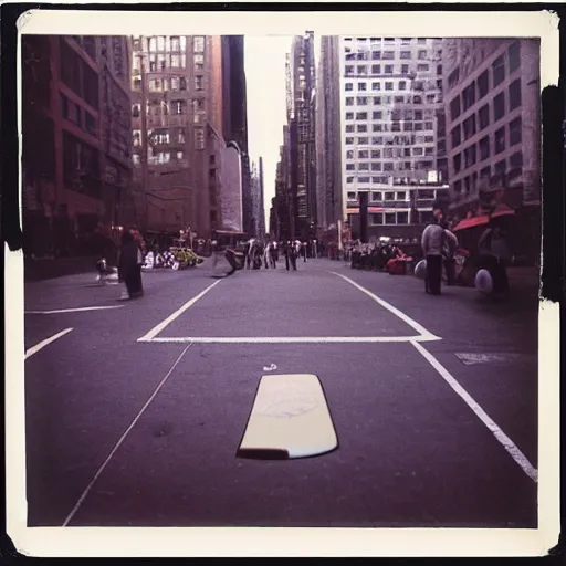 Image similar to wide-shot very low-angle eyesight photo of a skateboard at the street in New York, polaroid photo, by Andy Warhol, signed