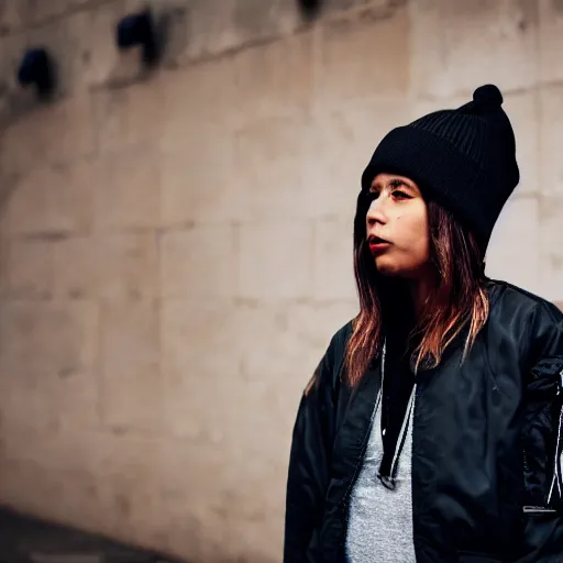 Prompt: Photograph of a mixed woman smoking, wearing a black beanie and black bomber jacket, urban environment, depth of field, 4k, 8k, hd, award-winning, sigma 85mm f/1.4, close up