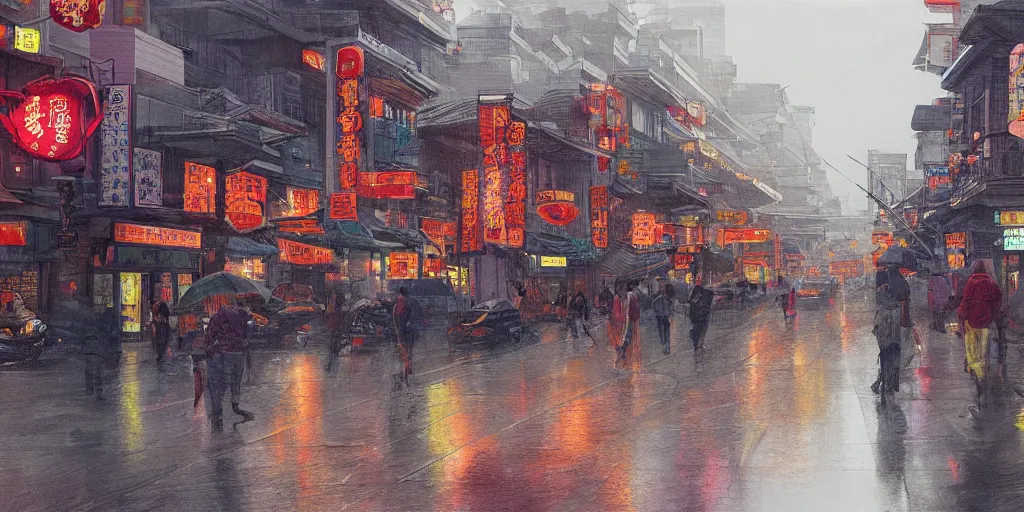 Image similar to an environmental concept art of a busy street in chinatown, rainy, highly detailed by francis tneh