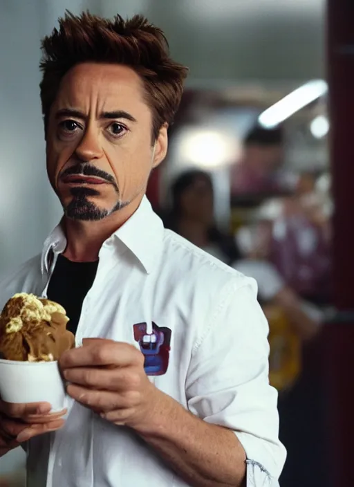 Image similar to a full portrait photo of robert downey jr eating ice cream in movie iron man, f / 2 2, 3 5 mm, 2 7 0 0 k, lighting, perfect faces, award winning photography.