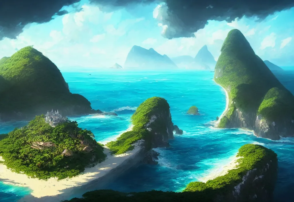 Prompt: island surrounded by ocean with a large hill covered in jungle, epic blue sky, vast ocean, cinematic view, concept art, high detail, well lit, volumetric, godrays, vivid, trending on artstation, by jordan grimmer, art greg rutkowski