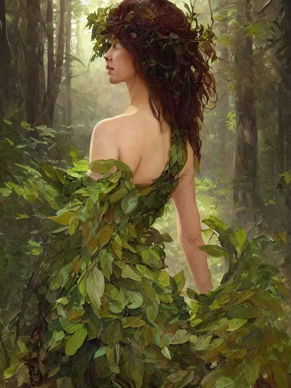 Prompt: portrait of a forest mage, female, delicated facial features, dress made of green leaves, gorgeous, green hair, brown skin, curves, shapely derriere, forest background, highly detailed, smooth, chiaroscurodigital painting, artgerm and greg rutkowski and alphonse mucha