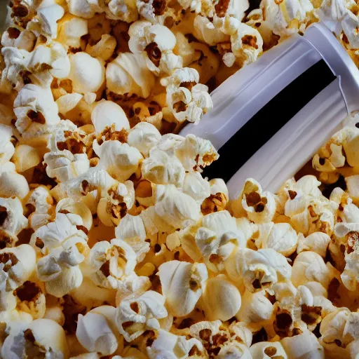 Prompt: Photo of popcorn wasted put of a cup+ar 16:9+Overhead view+realistic