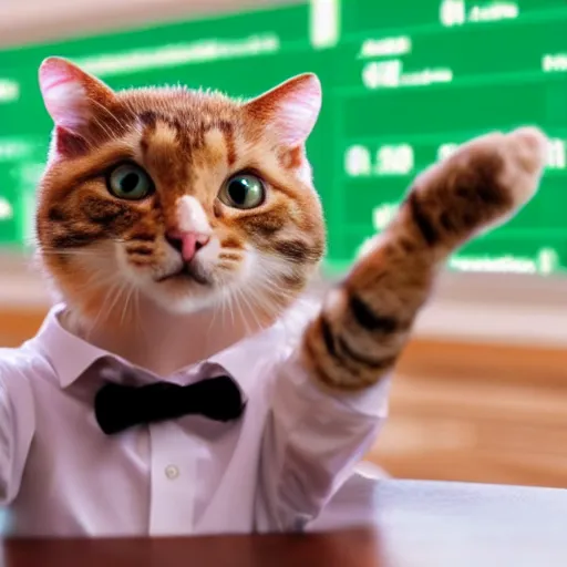 Prompt: photo of anthropomorphic cat trading stocks