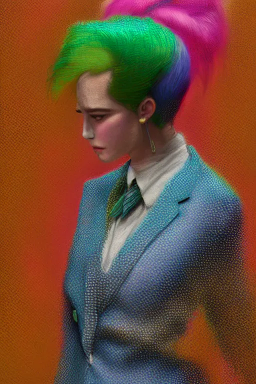 Prompt: a scene with a character wearing a super colorful muted color diy! suit, super detailed, vivienne westwood!, detailed photoreal render octane render, pointillism, oil on canvas