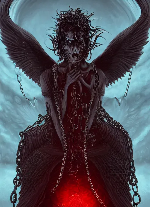 Image similar to lucifer, dark angel, red eyes, chain, handcuffs, large chain, wide open mouth, scream, cruelty, sad, sea bottom, light effect, hyper detailed, intricate, elegant, highly detailed, digital painting, artstation, concept art, matte, sharp focus, illustration, by dan mumford, yusuke murata, makoto shinkai, ross tran