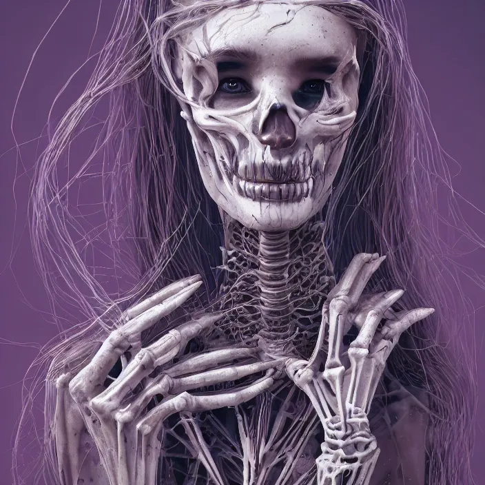 Image similar to portrait of rosie huntington-whiteley as a skeleton. intricate abstract. intricate artwork. nightmare fuel. by Tooth Wu, wlop, beeple, dan mumford. octane render, trending on artstation, greg rutkowski very coherent symmetrical artwork. cinematic, hyper realism, high detail, octane render, 8k, iridescent accents