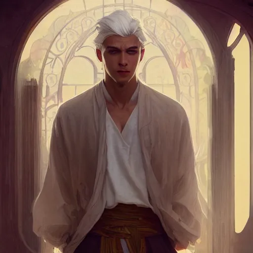 Image similar to teen, young man, without beard, handsome, white clothed, white hair, daoist, artstation, concept art, highly detailed, style of greg rutkowski and alphonse mucha