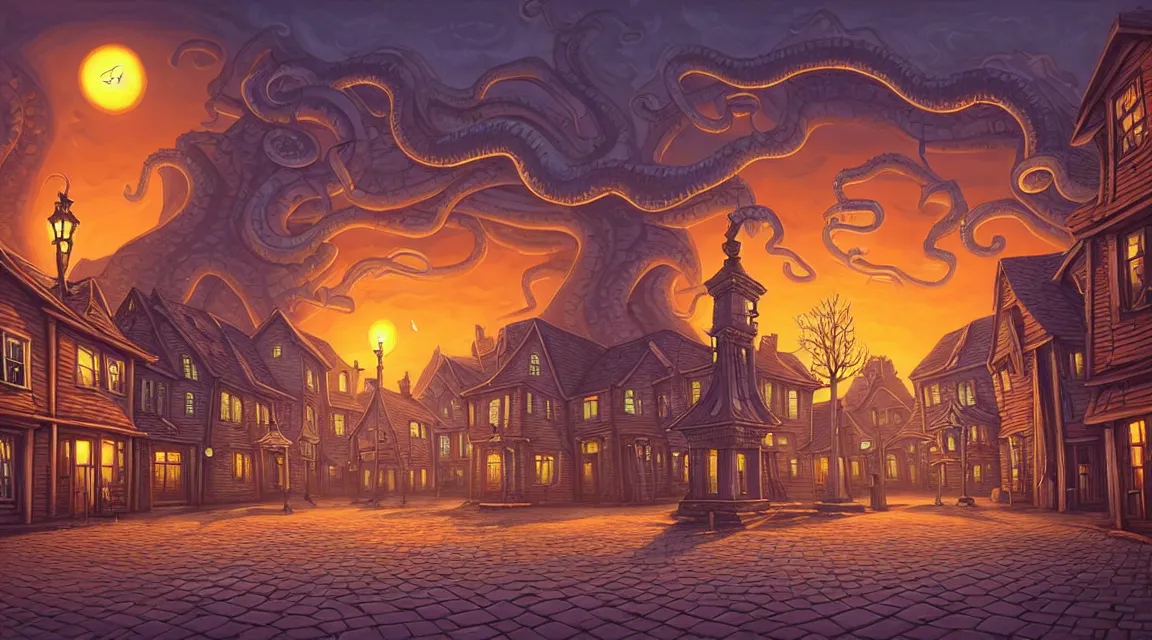 Image similar to empty lovecraftian town square surrounded by houses and inns. cthulhu statue. lovecraftian city at sunset by cyril rolando and naomi okubo and dan mumford and ricardo bofill. lovecraft. cobbled streets. oil lamp posts. lovecraftian. sunset swirly sky.