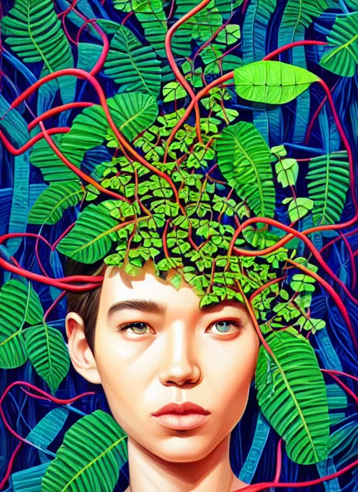 Prompt: brain made out of brainy neuron jungle leaves and vines, afremov, tristan eaton, victo ngai, artgerm, rhads, ross draws, hyperrealism, intricate detailed