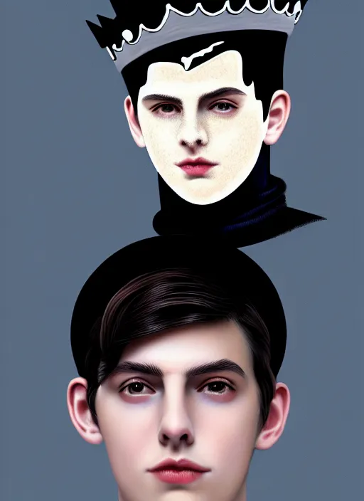 Image similar to portrait of teenage jughead jones wearing a light grey crown, crown, blue turtleneck, 1 9 5 0 s, closed eyes, photorealistic, black hair, glowing lighting, intricate, elegant, glowing lights, highly detailed, digital painting, artstation, concept art, smooth, sharp focus, illustration, art by wlop, mars ravelo and greg rutkowski