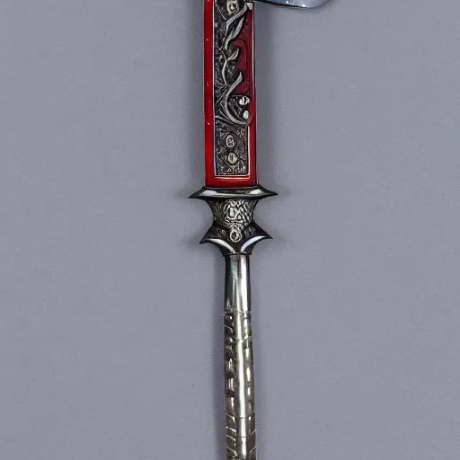 Prompt: royal silver claymore sword, ornate with rubies and amethysts