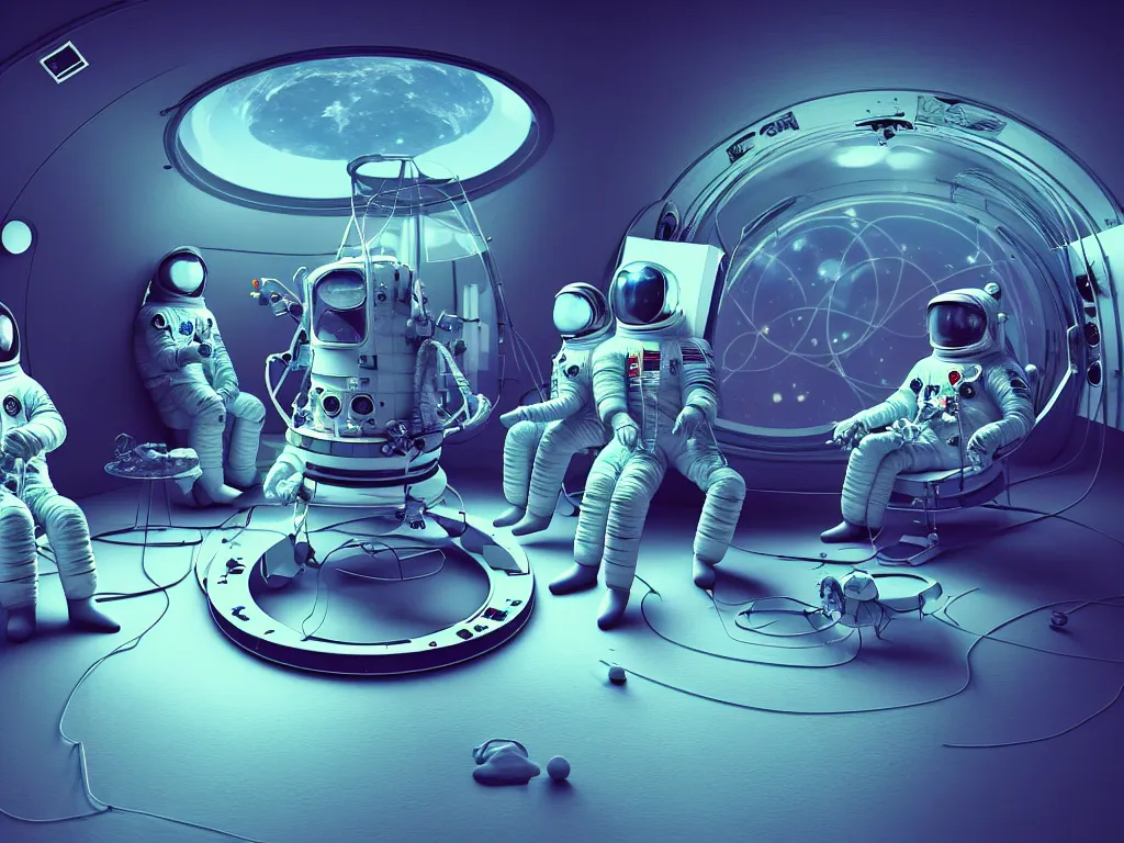 Prompt: a team of therapists calmly attend to an astronaut in a psychedelic therapy session, inside a midcentury modern architecture lunar module, on the surface of the moon, concept art, science fiction industrial hard science concept art, 8 k render octane high definition