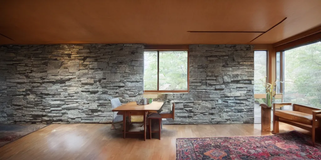 Image similar to interior of a small frank lloyd wright apartment with award winning stone work wall, photo