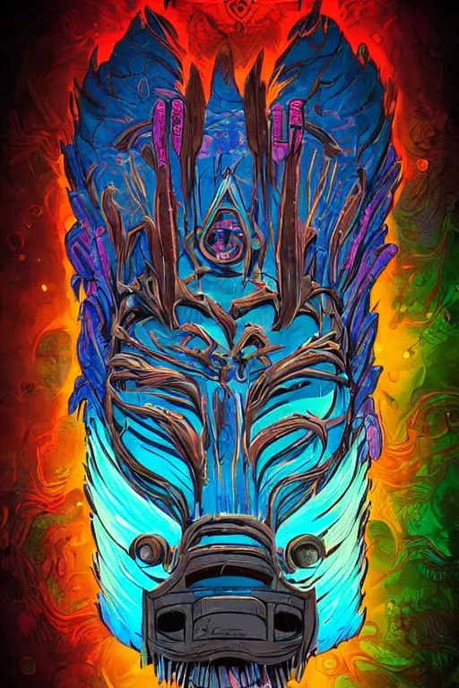 Image similar to totem animal tribal chaman vodoo mask feather gemstone plant wood rock video game illustration vivid color borderlands by josan gonzales and dan mumford radiating a glowing aura