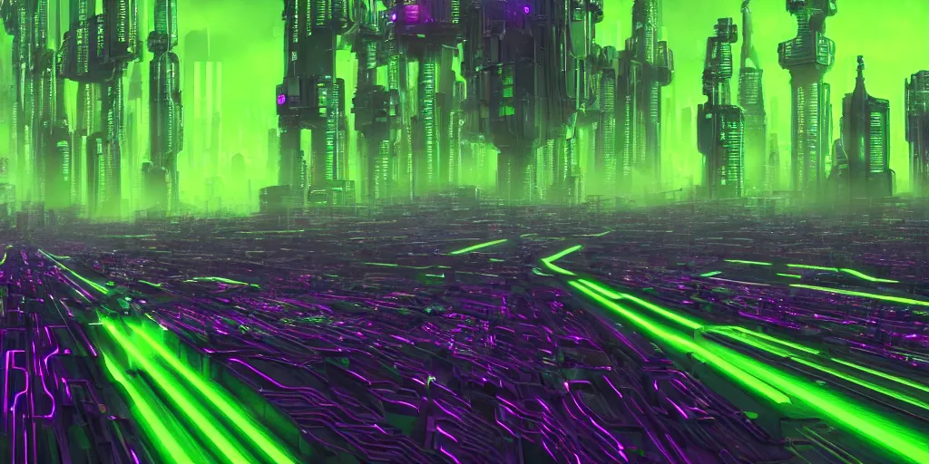 Image similar to a landscape view of a cybernetic cathedral overlooking an higway made of rows of glowing green codes and symbols, cyberpunk, beautiful detailed, cinematic, strong lighting, hi - fructose art magazine, photorealistic, 8 k, gradient cyan to purple, by paul lehr and david heskin