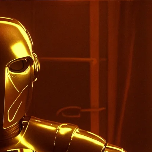 Image similar to movie scene of a man with a robot head, movie still, cinematic composition, cinematic light, criterion collection, reimagined by industrial light and magic, Movie by David Lynch and Ridley Scott