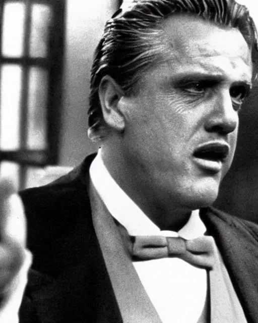 Image similar to film still close up shot of gary busey as vito corleone from the movie the godfather. photographic, photography