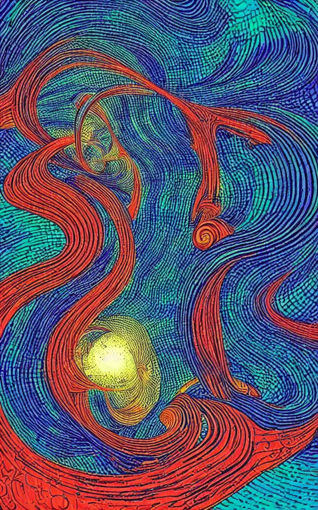 Image similar to wave, particle, synth, frequencies, pattern, oscillation. wave - particle duality.. retro art by jean giraud.