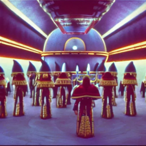 Prompt: Jodorowsky's Dune movie, cinema still, photo realistic, emperor's throne room with guards, in focus faces, colorful uniforms, wide angle, 8k, cinestill 400t film