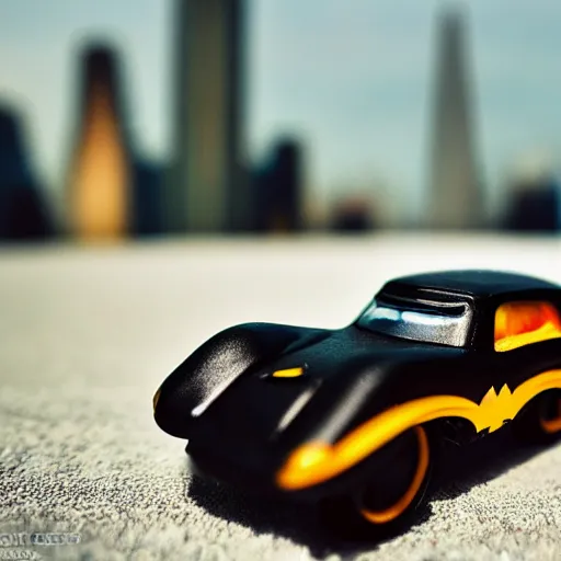 Prompt: 3 5 mm photo of black batmobile like hot wheels model with gotham as background
