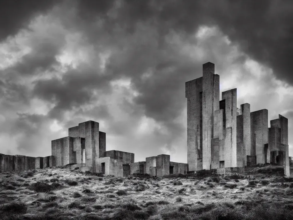 Prompt: photo of a brutalist symmetric cathedral built over a rocky hill, in the middle of a storm. realistic clouds. impressive, magical, very atmospheric, cinematic, very high complexity, stunning, masterpiece, romantic, very detailed. 4 k