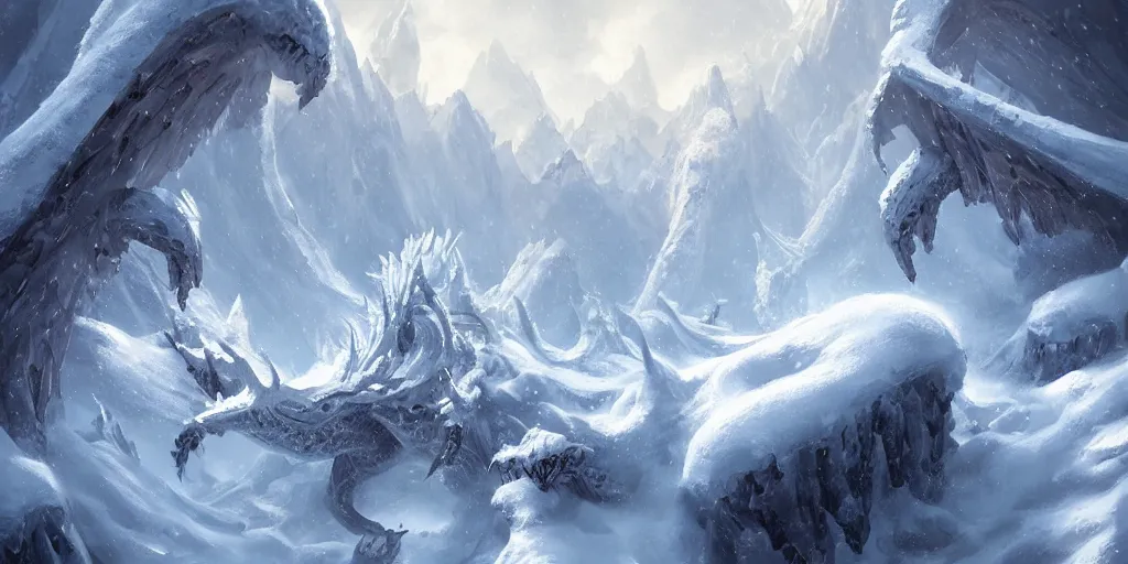 Prompt: a beautiful snow-covered mountain that is actually a giant dragon, snowing, spikey ice formations, fantasy digital painting by Andreas Rocha