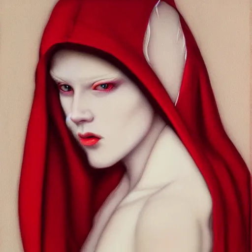 Prompt: beautiful albino princess wearing a red hooded cloak by gerald brom, photo realistic, 4 k