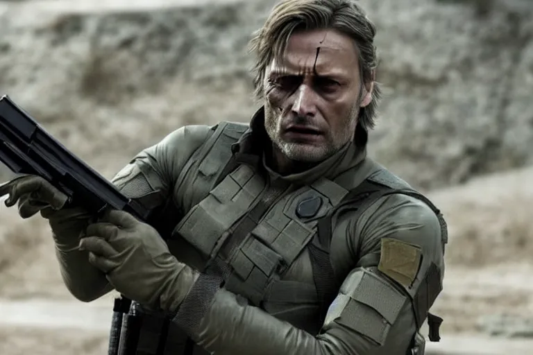 Prompt: Mads Mikkelsen as Solid Snake in Metal Gear Solid (2022), wearing tactical gear, high quality 4k