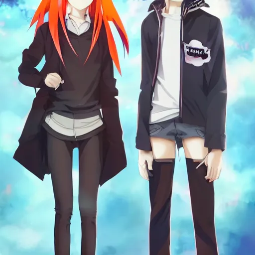 Image similar to orange - haired anime boy, 1 7 - year - old anime boy with wild spiky hair, standing next to 1 7 - year - old pale - skinned persian girl with black hair long bob cut, long bangs, black gothic jacket, ultra - realistic, sharp details, subsurface scattering, blue sunshine, intricate details, hd anime, 2 0 1 9 anime