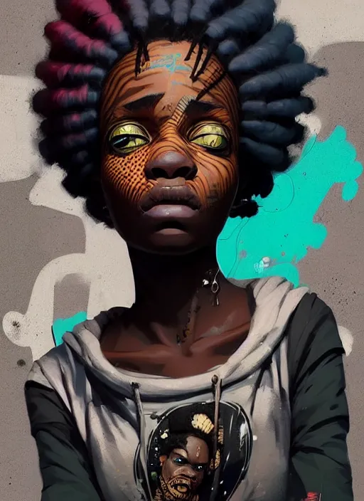 Image similar to highly detailed portrait of a sewer punk african lady, tartan hoody, white afro hair by atey ghailan, by greg rutkowski, by greg tocchini, by james gilleard, by joe fenton, by kaethe butcher, gradient cyan, brown, blonde cream and white color scheme, grunge aesthetic!!! ( ( graffiti tag wall background ) )