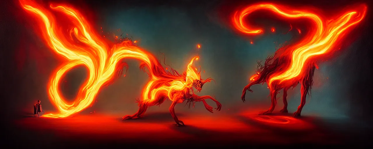 Prompt: whimsical fiery alchemical creatures, surreal dark uncanny painting by ronny khalil