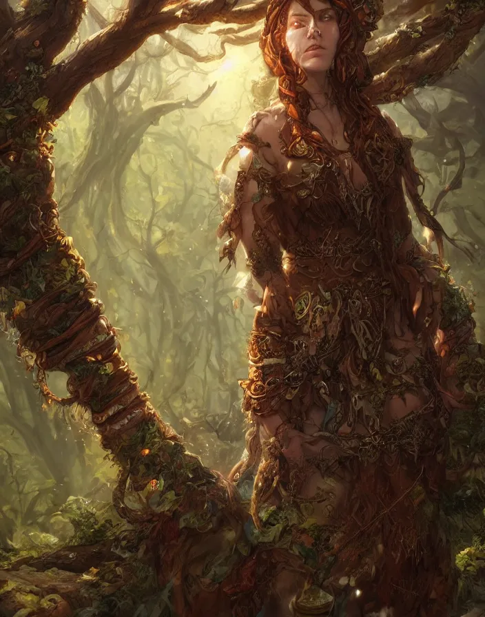 Image similar to a woman tree druid with leaf themed clothing, fully clothed, D&D, fantasy, intricate, cinematic lighting, highly detailed, digital painting, artstation, concept art, smooth, sharp focus, illustration, art by Justin Gerard