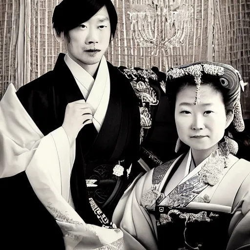 Image similar to A close up shot, colored black and white Russian and Japanese mix historical fantasy a photograph portrait taken at the empress and emperor's royal wedding breakfast, a collection of food and drinks was served, mixing traditional Japanese choices with some Russian influences, professional corporate portrait, warm lighting, 1907 photo from the official wedding photographer for the royal wedding.