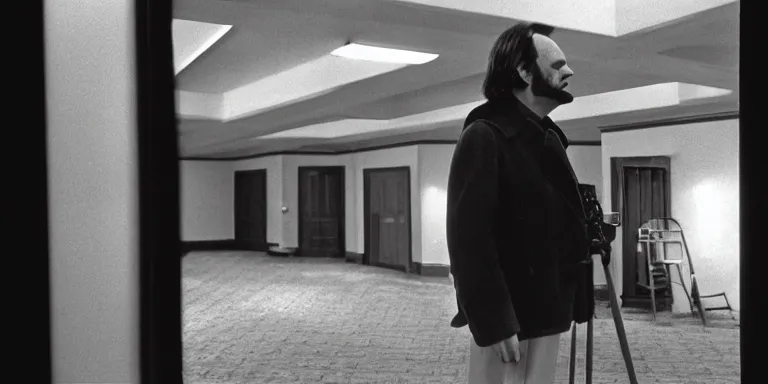 Image similar to photorealistic wide profile master shot cinematography of the character jack torrance played by jack nicholson from stanley kubrick's 1 9 8 0 film the shining sitting at the overlook hotel's gold ballroom bar starring right at the camera shot on 3 5 mm eastman 5 2 4 7 film by the shining cinematographer john alcott on a kinoptik tegea 9. 8 mm lens.