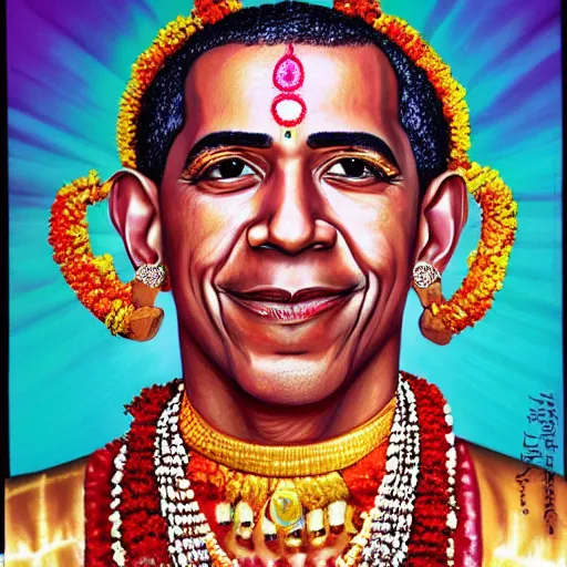 Image similar to Fantasy portrait of Barak Obama as a Kathakali dancer, hyper-realistic Portrait in style of Hajime sorayama, hyperdetailed , supersharp, hypermaximalist, smooth gradients