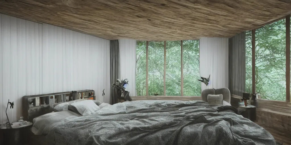 Image similar to a view inside modern bedroom in the middle of a raining forest with river, unreal 5, hyperrealistic, realistic, photorealistic, dynamic lighting, highly detailed, cinematic landscape, studio landscape, studio lighting