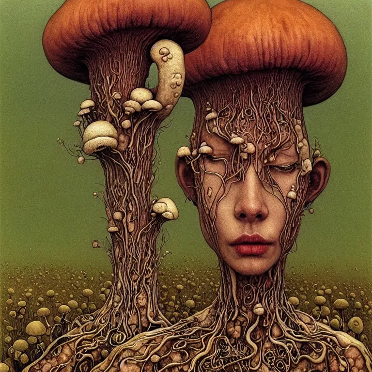 Prompt: A funguswoman stands among the mushroom hills. Lush mold. Wearing a fungus and mushroom. Perfect faces, symmetrical faces, symmetrical features, coherent faces, extremely high detailed, fine details, realistic, fantasy art, solo, masterpiece, art by Zdzisław Beksiński, Arthur Rackham, Dariusz Zawadzki, Edward Robert Hughes, Eugene de Blaas, Frederic Leighton