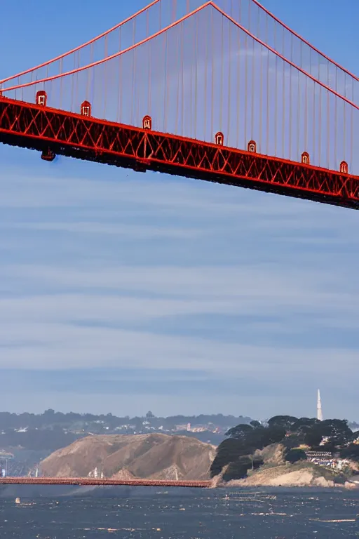 Prompt: a space ship emerging from beneath the San Francisco Bay, Golden Gate Bridge in background