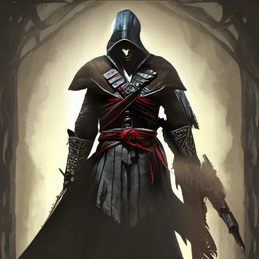 Image similar to an ultra detailed vector image of ezio auditore dressed as the hunter from bloodborne, concept art by alphonse mucha and greg rutkowski, praise the blood moon, octane render, liminal space