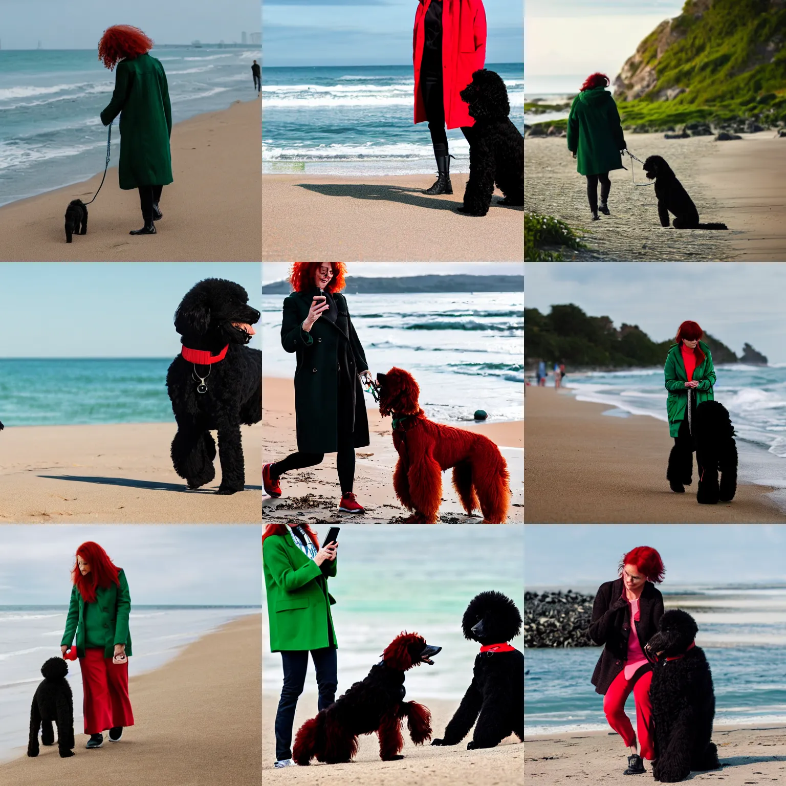 Prompt: red - haired woman in green coat walking her black poodle on the beach while watching her phone
