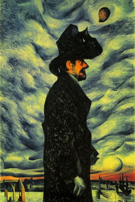 Prompt: man wearing a coat and a hat looking up to watch a comet in the sky of new york by gustave courbet and umberto boccioni, oil painting, surrealism, 8 k,