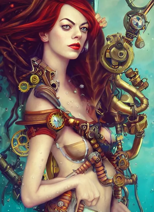 Prompt: underwater steampunk pirate portrait of emma stone, pixar style, by tristan eaton stanley artgerm and tom bagshaw.