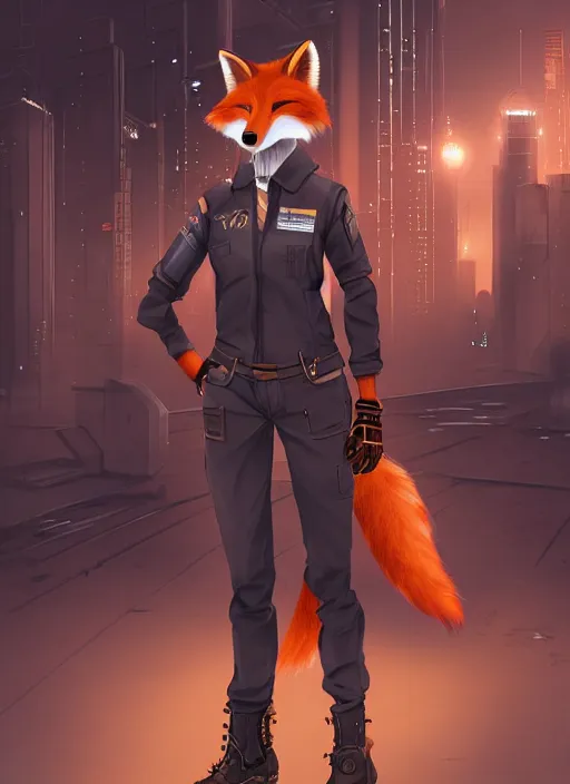 Image similar to commission of a beautiful portrait of a female anthro fox fursona wearing mechanic clothes in a industrial cyberpunk city. character design by Kinoshita Jiroh, Hyaku. Detailed, soft lighting, rendered in octane